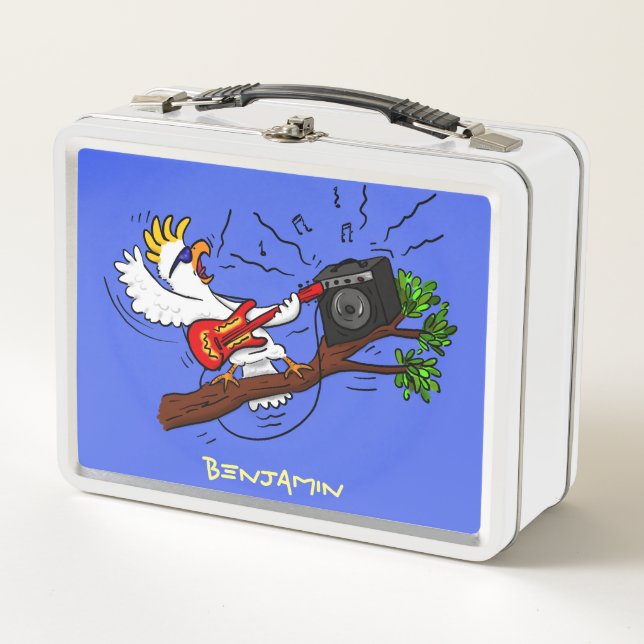Funny cockatoo playing rock guitar cartoon metal lunch box (Front)