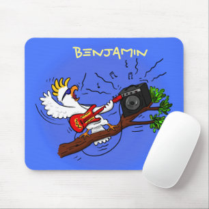 Funny cockatoo playing rock guitar cartoon mouse mat