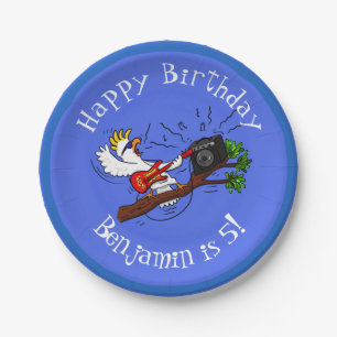 Funny cockatoo playing rock guitar cartoon paper plate