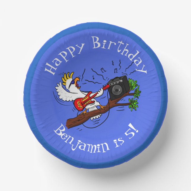 Funny cockatoo playing rock guitar cartoon paper plate (Front)