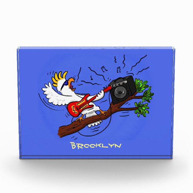 Funny cockatoo playing rock guitar cartoon photo block (Front)