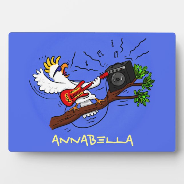 Funny cockatoo playing rock guitar cartoon plaque (Front)
