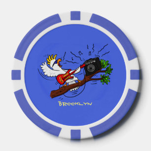 Funny cockatoo playing rock guitar cartoon poker chips