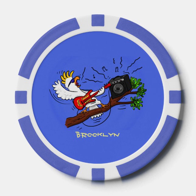 Funny cockatoo playing rock guitar cartoon poker chips (Front)