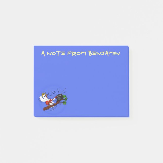 Funny cockatoo playing rock guitar cartoon post-it notes (Front)