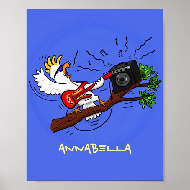 Funny cockatoo playing rock guitar cartoon poster (Front)