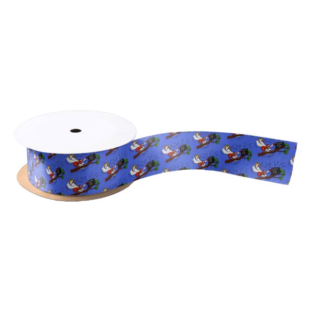 Funny cockatoo playing rock guitar cartoon satin ribbon (Spool)