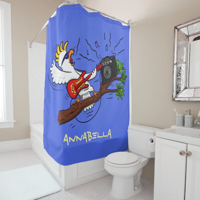 Funny cockatoo playing rock guitar cartoon shower curtain (In Situ)