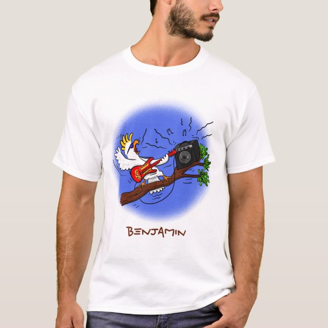 Funny cockatoo playing rock guitar cartoon T-Shirt (Front)
