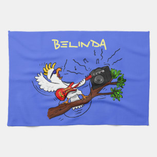 Funny cockatoo playing rock guitar cartoon tea towel