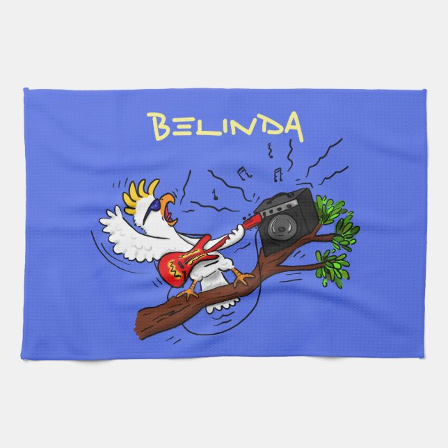 Funny cockatoo playing rock guitar cartoon tea towel (Horizontal)