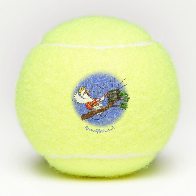 Funny cockatoo playing rock guitar cartoon tennis balls (Front)