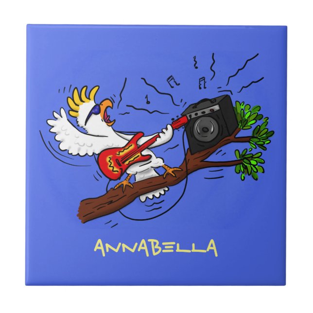 Funny cockatoo playing rock guitar cartoon tile (Front)