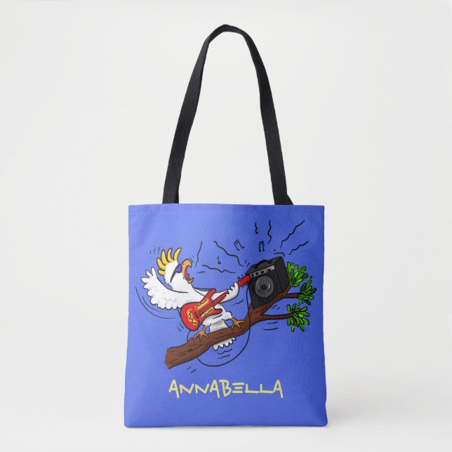 Funny cockatoo playing rock guitar cartoon tote bag (Front)