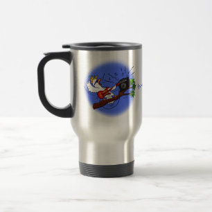 Funny cockatoo playing rock guitar cartoon travel mug
