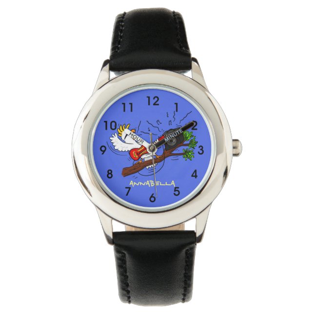 Funny cockatoo playing rock guitar cartoon watch (Front)