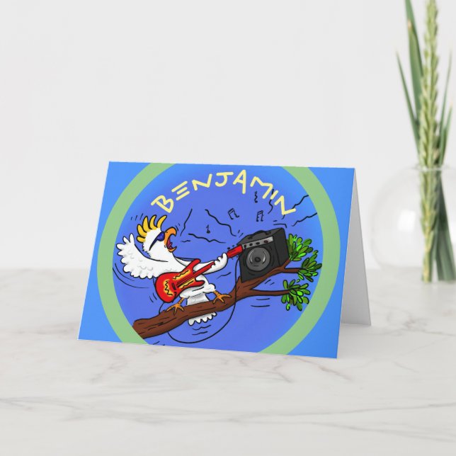 Funny cockatoo rock guitar player birthday cartoon card (Front)
