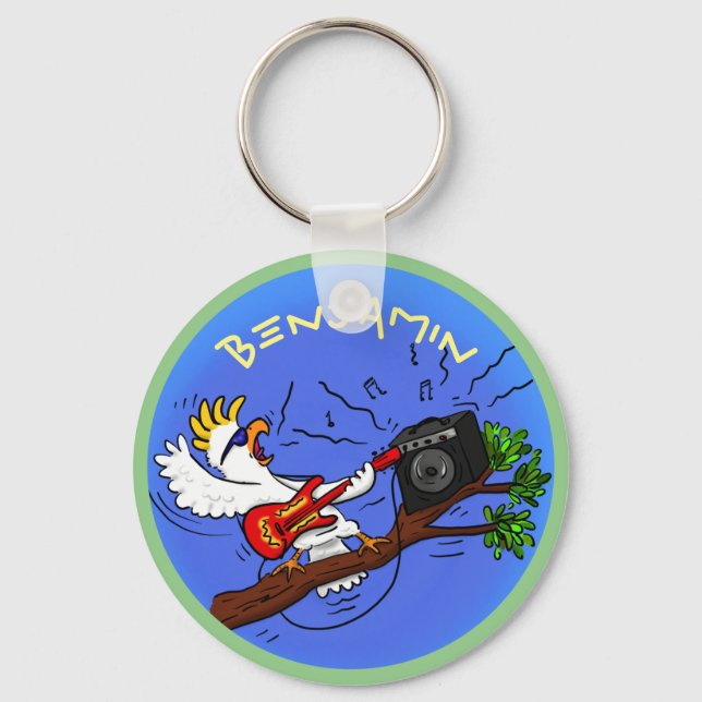 Funny cockatoo rock guitar player cartoon key ring (Front)