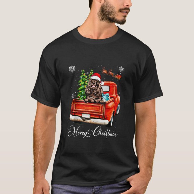 Funny Cocker Spaniel Ride Red Truck Merry Christma T-Shirt (Front)