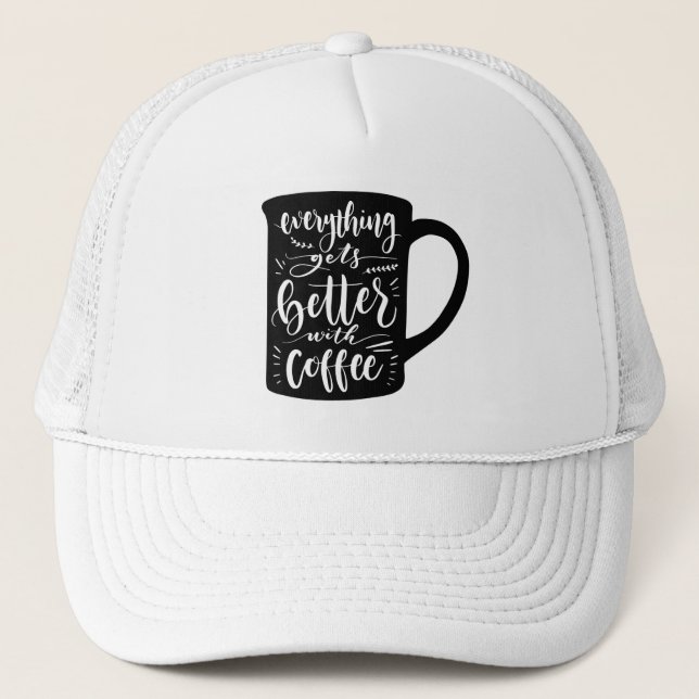 Funny Coffee Addict Java, Latte Caffeine Quote Trucker Hat (Front)