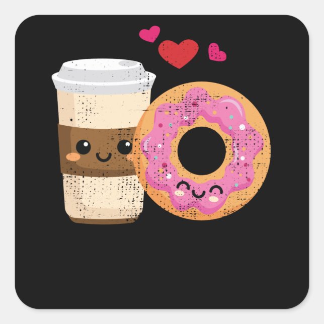 Funny Coffee And Doughnut Couple Kawaii Valentines Square Sticker (Front)