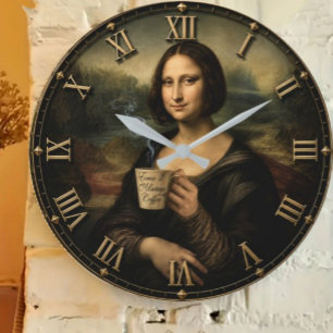 Funny Coffee Break Mona Lisa Large Clock