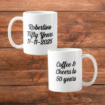 Funny Coffee Cheers 50 Years 50th Birthday Coffee Mug<br><div class="desc">Sip, Smile, and Celebrate 50! Celebrate turning 50 with a mug that’s as bold as your morning coffee! One side features the playful quote “Coffee & Cheers to 50 Years” in a clean black-letter design that keeps it simple and classy. The other side is fully customisable with the birthday star’s...</div>