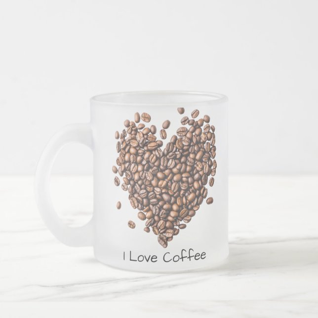 Funny Coffee, Coffee Bean Heart, Coffee Gift, 11oz Frosted Glass Coffee Mug (Left)