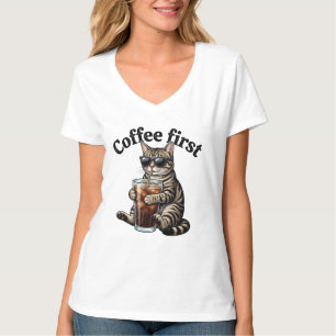 Funny Coffee First Tabby Cat Sunglasses T-Shirt