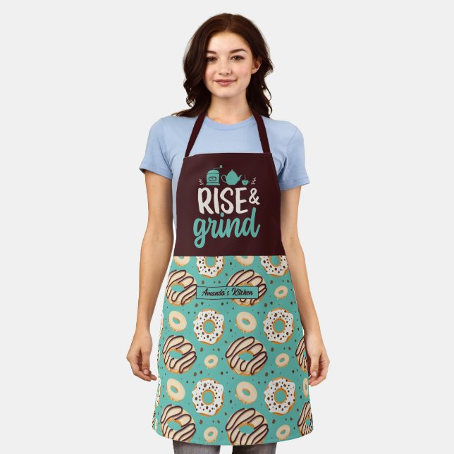 Funny Coffee Lover Rise and Grind Doughnut Pattern Apron (Worn)
