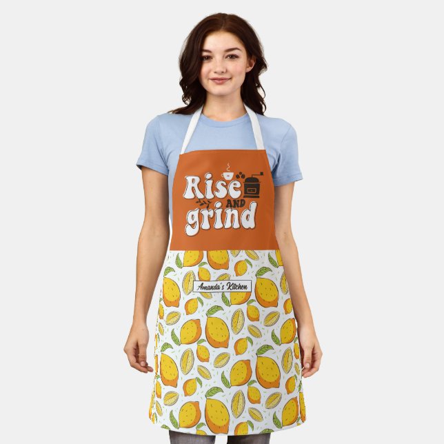 Funny Coffee Lover Rise and Grind Lemon Pattern Apron (Worn)