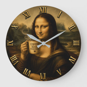 Funny Coffee Mona Lisa Large Clock