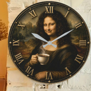 Funny Coffee Mona Lisa Large Clock
