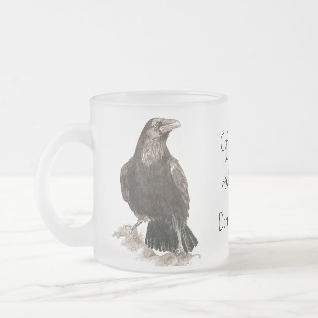 Funny Coffee needs Doughnuts! Ravens Bird Frosted Glass Coffee Mug (Left)