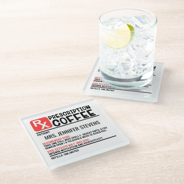 Funny Coffee Prescription Personalised Name Glass Coaster (Angled)