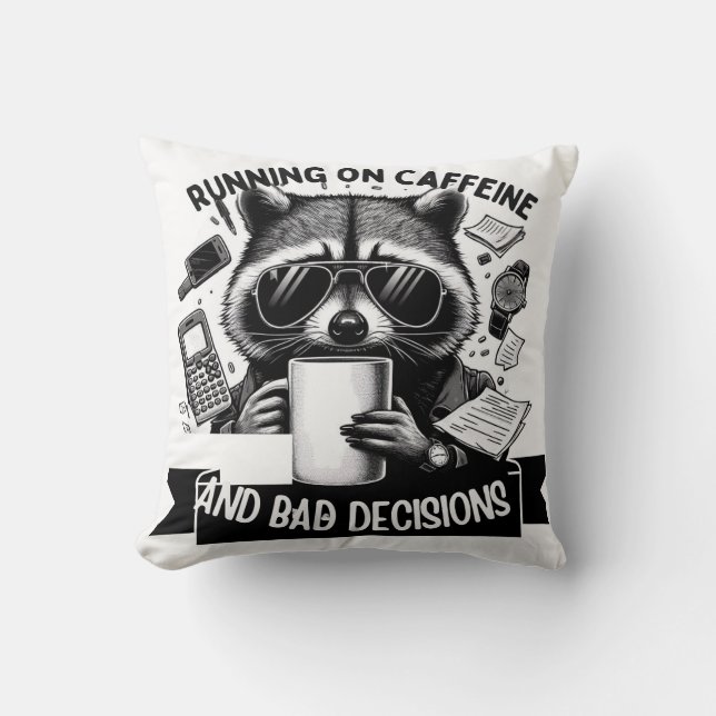 Funny Coffee Raccoon – Caffeine & Bad Choices Art Cushion (Front)