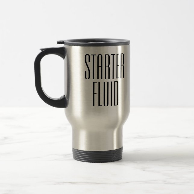 Funny Coffee Starter Fluid Travel Mug (Left)