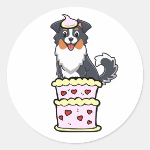 Funny collie dog jumping out of a cake classic round sticker