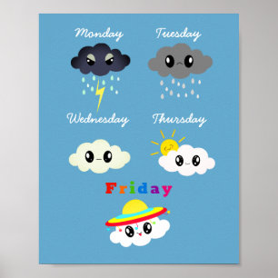 Funny Colorful Kawaii Cartoon Cloud TGIF Kid's Poster