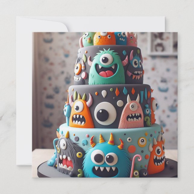 FUNNY COLORFUL MONSTER CAKE BIRTHDAY INVITATION (Front)