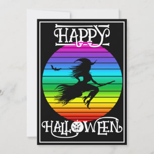 FUNNY COLORFUL WITCH ON BROOM HALLOWEEN PARTY INVITATION