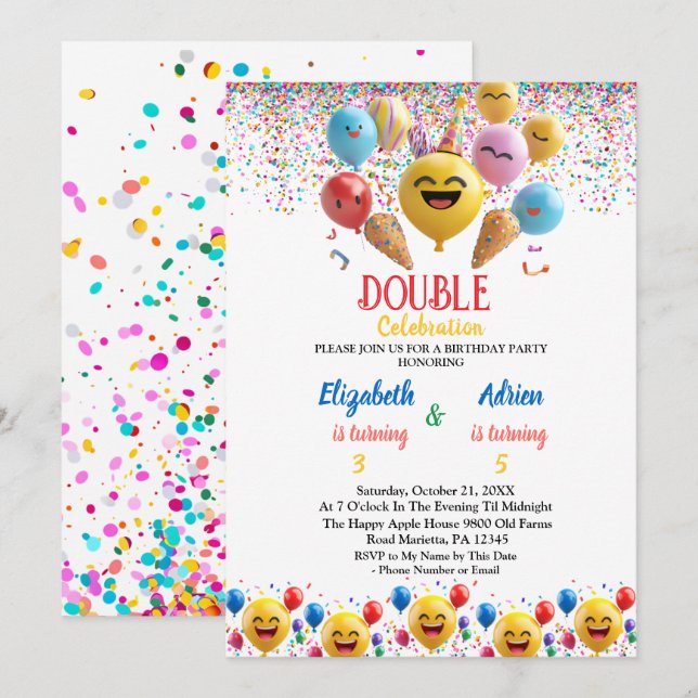 Funny Colourful Balloon Kids Double Joint Birthday Invitation (Front/Back)