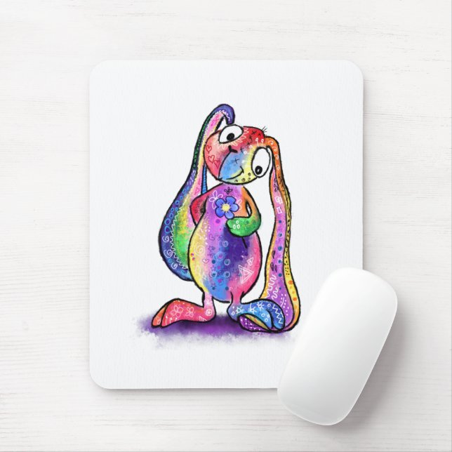 Funny Colourful Bunny Love Flower - Cartoon Drawin Mouse Mat (With Mouse)