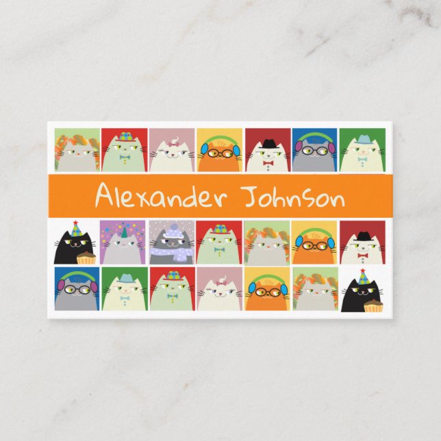 Funny Colourful Cartoon Cats Collage Business Card (Front)