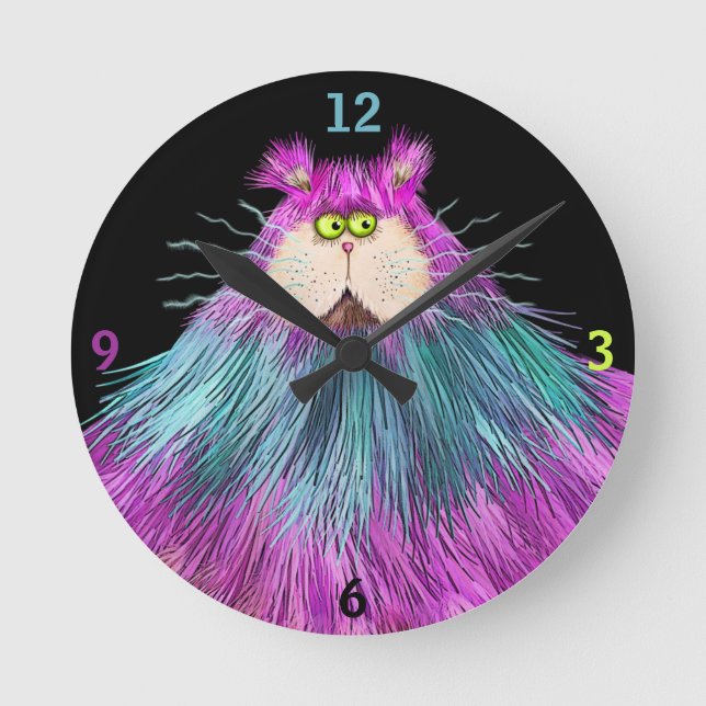 Funny Colourful Cat Round Clock (Front)