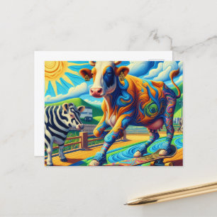 Funny Colourful Cow Skateboarding Postcard