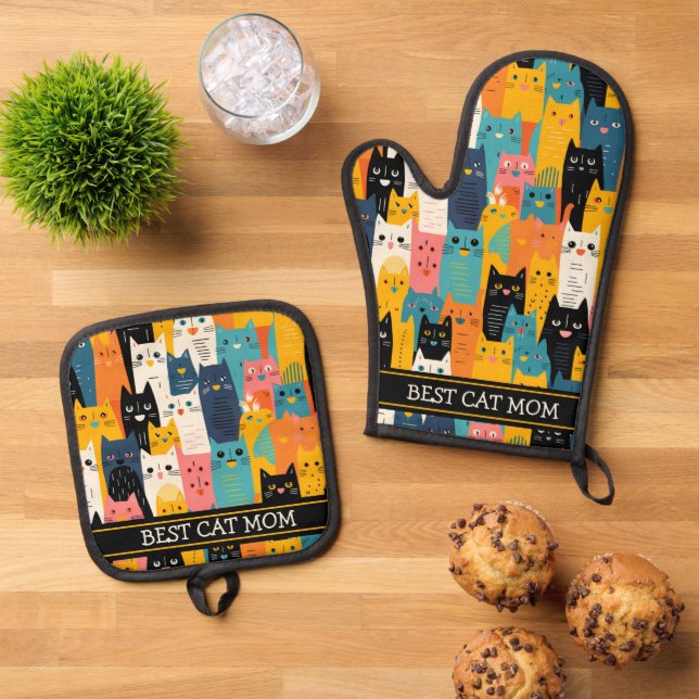 Funny Colourful Faces Best Cat Mum Oven Mitt & Pot Holder Set (Top Down)