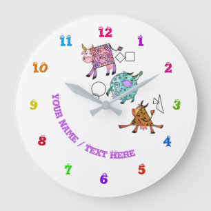 Funny Colourful Geometric Cute Cows  -Add Text/Nam Large Clock