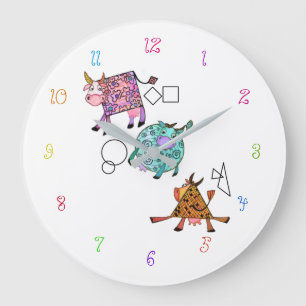 Funny Colourful Geometric Cute Cows Cartoon Drawin Large Clock