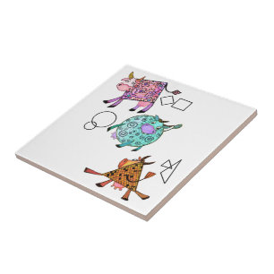 Funny Colourful Geometric Cute Cows Cartoon Drawin Tile